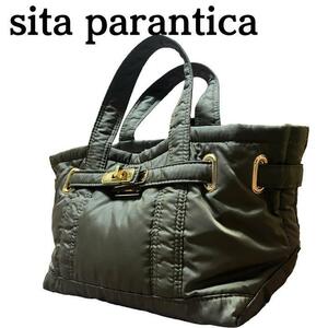 【美品】sita parantica シータパランティカ　キルティングトートS　ナイロン ハンドバッグ トートバッグ ミニトート 金具 S カーキ