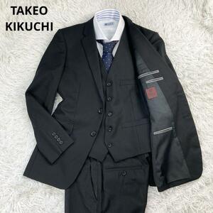 美品タケオキクチ スーツ セットアップ スリーピース ストライプ 黒