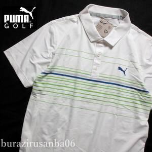 メンズ M◆未使用 PUMA GOLF プーマ ゴルフ ボーダー柄 半袖 ポロシャツ ストレッチ 吸水速乾素材 春夏 ゴルフウェア 535136-05 白