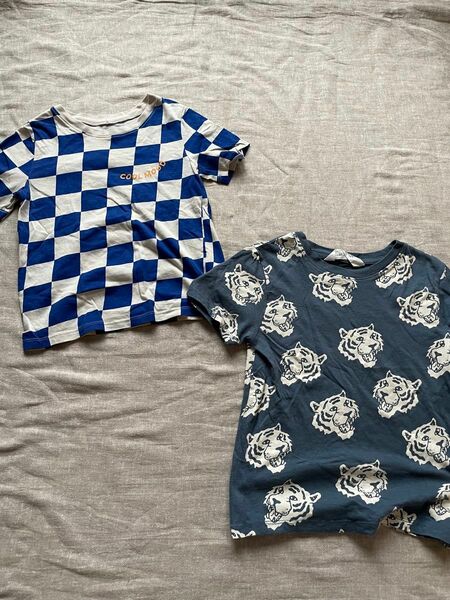H&M チェックブロック　ブルー　タイガー　Tシャツ