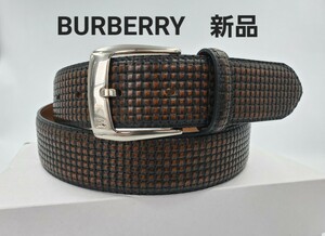 【B-22】【BURBERRY】バーバリー　紳士レザーベルト　メッシュ風型押し　茶色　新品未使用