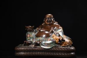 旧蔵 清 乾隆年製 銅製 景泰藍 弥勒仏 造像 仏像 極細工 稀少珍品 中国古美術品 古美味 L0519