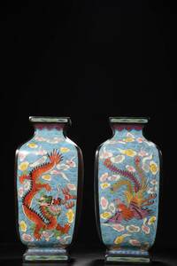 旧蔵 清 乾隆年製 銅製 景泰藍 龍鳳紋 方瓶一対 古銅 銅製品 極細工 稀少珍品 中国古美味 古美術 L0524