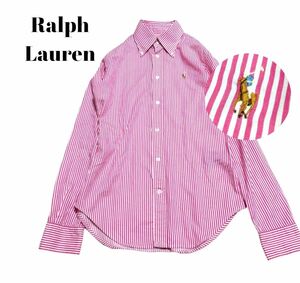 美品　ラルフローレン　Ralph Lauren ストライプ 長袖 シャツ 長袖シャツ　刺繍　ポニーロゴ　ポニー刺繍　赤　レッド