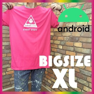 ME10-211【モデル175cm普通体型】レア♪★良品【Android Summit】スタッフ限定 半袖 Tシャツ【メンズ XL】マゼンダピンク アンドロイド