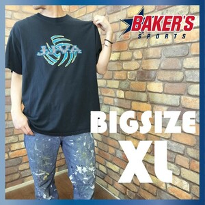 ME10-040【モデル175cm普通体型】USA古着★BIGサイズ!!【カスタムスポーツアパレル BAKER'S】両面プリント 半袖 Tシャツ【メンズ XL】黒