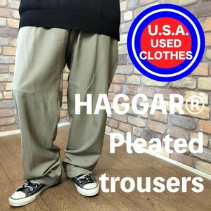 BP2-494【モデル175cm普通体型】USA古着★GOODシルエット【HAGGAR】濃ベージュ ワイド スラックス【W38 メンズ XL】ダボパン 大きいサイズ