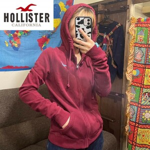 SD2-251◆状態良好◆【HOLLISTER ホリスター】刺繍ロゴ スウェット ジップパーカー【レディース S】エンジ 古着 サーフ ポケット フーディ