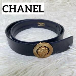 【美品】CHANEL シャネル ベルト レオン ライオン レザー ゴールド金具 ネイビー 紺色