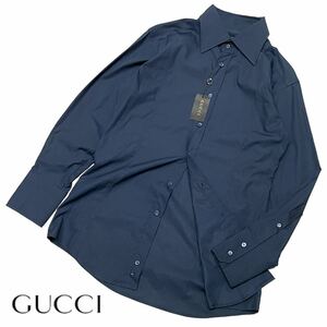 新品 未使用 国内正規品 GUCCI グッチ 長袖コットン L/S dress shirt ドレス カッターシャツ ビジネス ロゴ 40 ネイビー メンズ