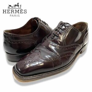 正規品 HERMES エルメス ガラスレザー ドレスシューズ レースアップ shoes メダリオン ウィングチップ 革靴 39 1/2 バーガンディ