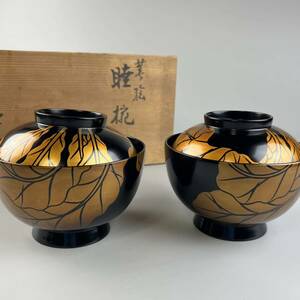 蒔絵 金蒔絵 吸物椀 2点 蓋物 漆器 漆塗 木製 当時物 黒漆 煮物碗 茶懐石 細密 検 茶碗 煎茶道具 輪島塗 茶道具