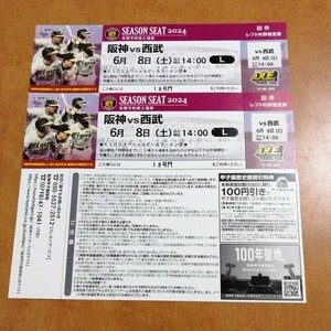 6月8日（土） 阪神甲子園球場 阪神vs西武 レフト外野指定席 2枚 連番