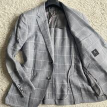 【極美品 希少2XL】ヒューゴボス HUGO BOSS リネン テーラードジャケット ウィンドウペンチェック エルボーパッチ サマーウール メンズ 52_画像1