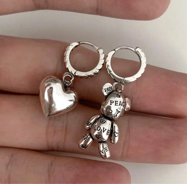 シルバー ピアス アクセサリー ジュエリー ベア 熊　ハート　S925刻印