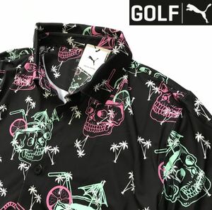 *090 new goods [ men's L] black Skull total pattern PUMA Puma Golf regular price 1.2 ten thousand EGW regular Fit polo-shirt with short sleeves pull over Golf wear 