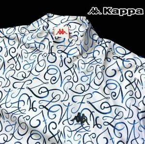 ▲B281新品【メンズM】総柄 白ブルー【Kappa GOLF】カッパゴルフ 吸汗速乾 抗菌防臭 全体デザイン ストレッチ モックネック半袖シャツ(0)