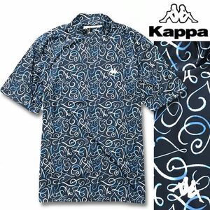 ▲B279新品【メンズL】総柄 ネイビー【Kappa GOLF】カッパゴルフ 吸汗速乾 抗菌防臭 全体デザイン ストレッチ モックネック半袖シャツ