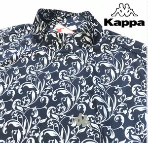 ◆H624新品【メンズL】総柄 リーフ柄 ネイビー【Kappa GOLF】カッパゴルフ 吸汗速乾 抗菌防臭 ストレッチ モックネック半袖シャツ