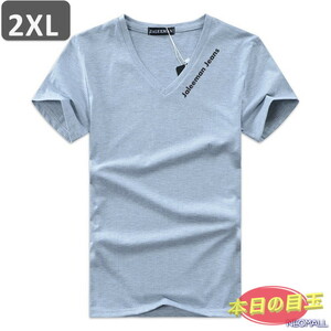 本日のお買得 ☆ Vネック 半袖 Tシャツ【451】 グレー 2XLサイズ トップス シャツ シンプル イラスト デザイン 春夏