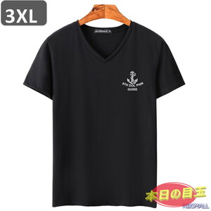 本日のお買得 ☆ Vネック 半袖 Tシャツ【454】 ブラック 3XLサイズ トップス シャツ シンプル イラスト デザイン 春夏