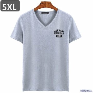 夏にピッタリ ☆ Vネック 半袖 Tシャツ【453】 グレー 5XLサイズ トップス シャツ シンプル イラスト デザイン 春夏