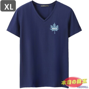 本日のお買得 ☆ Vネック 半袖 Tシャツ【455】 ネイビー XLサイズ トップス シャツ シンプル イラスト デザイン 春夏