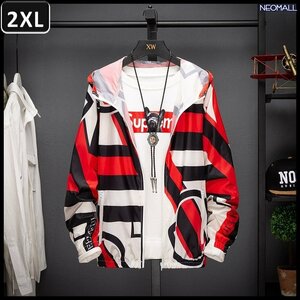 売れ筋商品 【374】 ウィンドブレーカー フード付き レッド 2XL メンズ ナイロン カモフラ 柄 アウトドア 防風 軽量 ジャケット