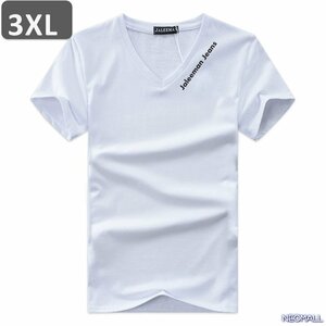 夏にピッタリ ☆ Vネック 半袖 Tシャツ【451】 ホワイト 3XLサイズ トップス シャツ シンプル イラスト デザイン 春夏