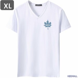 夏にピッタリ ☆ Vネック 半袖 Tシャツ【455】 ホワイト XLサイズ トップス シャツ シンプル イラスト デザイン 春夏