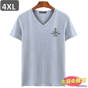 本日のお買得 ☆ Vネック 半袖 Tシャツ【454】 グレー 4XLサイズ トップス シャツ シンプル イラスト デザイン 春夏