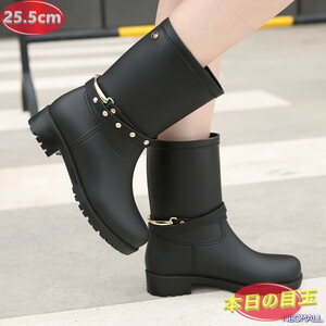 1 start * lady's stylish rain boots [490] 25.5cm black rain shoes rain shoes rainy season measures . slide waterproof rain snow clear weather combined use 