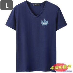 本日のお買得 ☆ Vネック 半袖 Tシャツ【455】 ネイビー Lサイズ トップス シャツ シンプル イラスト デザイン 春夏