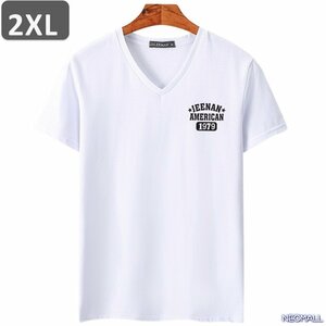 夏にピッタリ ☆ Vネック 半袖 Tシャツ【453】 ホワイト 2XLサイズ トップス シャツ シンプル イラスト デザイン 春夏