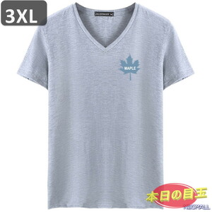 本日のお買得 ☆ Vネック 半袖 Tシャツ【455】 グレー 3XLサイズ トップス シャツ シンプル イラスト デザイン 春夏