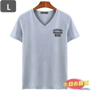 本日のお買得 ☆ Vネック 半袖 Tシャツ【453】 グレー Lサイズ トップス シャツ シンプル イラスト デザイン 春夏