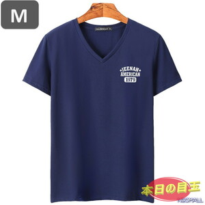 本日のお買得 ☆ Vネック 半袖 Tシャツ【453】 ネイビー Mサイズ トップス シャツ シンプル イラスト デザイン 春夏