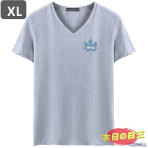 本日のお買得 ☆ Vネック 半袖 Tシャツ【455】 グレー XLサイズ トップス シャツ シンプル イラスト デザイン 春夏