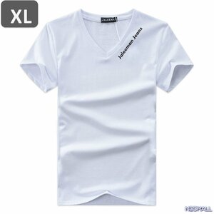 夏にピッタリ ☆ Vネック 半袖 Tシャツ【451】 ホワイト XLサイズ トップス シャツ シンプル イラスト デザイン 春夏