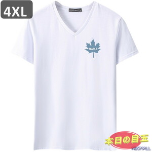 本日のお買得 ☆ Vネック 半袖 Tシャツ【455】 ホワイト 4XLサイズ トップス シャツ シンプル イラスト デザイン 春夏