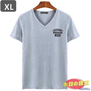 本日のお買得 ☆ Vネック 半袖 Tシャツ【453】 グレー XLサイズ トップス シャツ シンプル イラスト デザイン 春夏