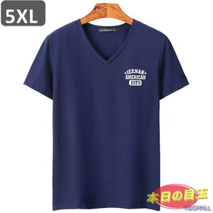 本日のお買得 ☆ Vネック 半袖 Tシャツ【453】 ネイビー 5XLサイズ トップス シャツ シンプル イラスト デザイン 春夏