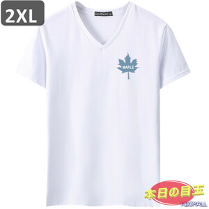 本日のお買得 ☆ Vネック 半袖 Tシャツ【455】 ホワイト 2XLサイズ トップス シャツ シンプル イラスト デザイン 春夏