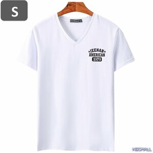 夏にピッタリ ☆ Vネック 半袖 Tシャツ【453】 ホワイト Sサイズ トップス シャツ シンプル イラスト デザイン 春夏