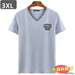 本日のお買得 ☆ Vネック 半袖 Tシャツ【453】 グレー 3XLサイズ トップス シャツ シンプル イラスト デザイン 春夏