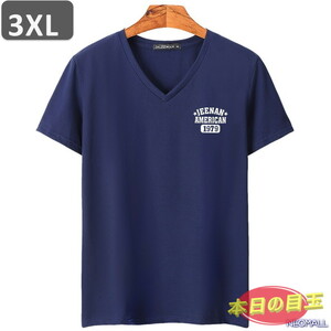 本日のお買得 ☆ Vネック 半袖 Tシャツ【453】 ネイビー 3XLサイズ トップス シャツ シンプル イラスト デザイン 春夏