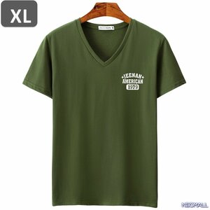 夏にピッタリ ☆ Vネック 半袖 Tシャツ【453】 グリーン XLサイズ トップス シャツ シンプル イラスト デザイン 春夏