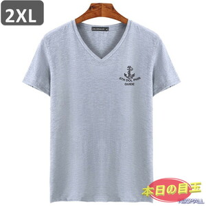 本日のお買得 ☆ Vネック 半袖 Tシャツ【454】 グレー 2XLサイズ トップス シャツ シンプル イラスト デザイン 春夏