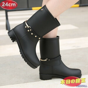 1 start * lady's stylish rain boots [490] 24.0cm black rain shoes rain shoes rainy season measures . slide waterproof rain snow clear weather combined use 