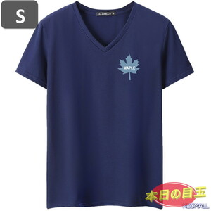 本日のお買得 ☆ Vネック 半袖 Tシャツ【455】 ネイビー Sサイズ トップス シャツ シンプル イラスト デザイン 春夏